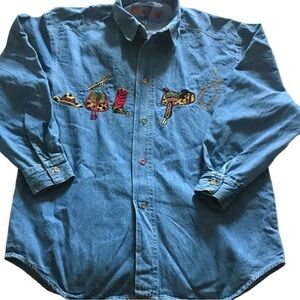 Groupy Vintage 80s Western Rodeo Themed Denim Shirt V Woman’s Size M